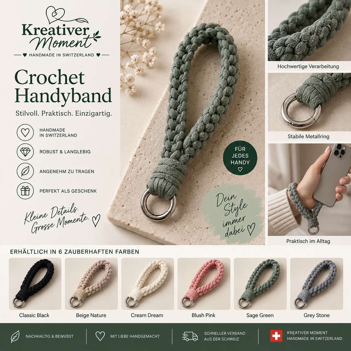 Handgemachtes Crochet Handyband – Handykette fürs Handgelenk | Kreativer Moment
