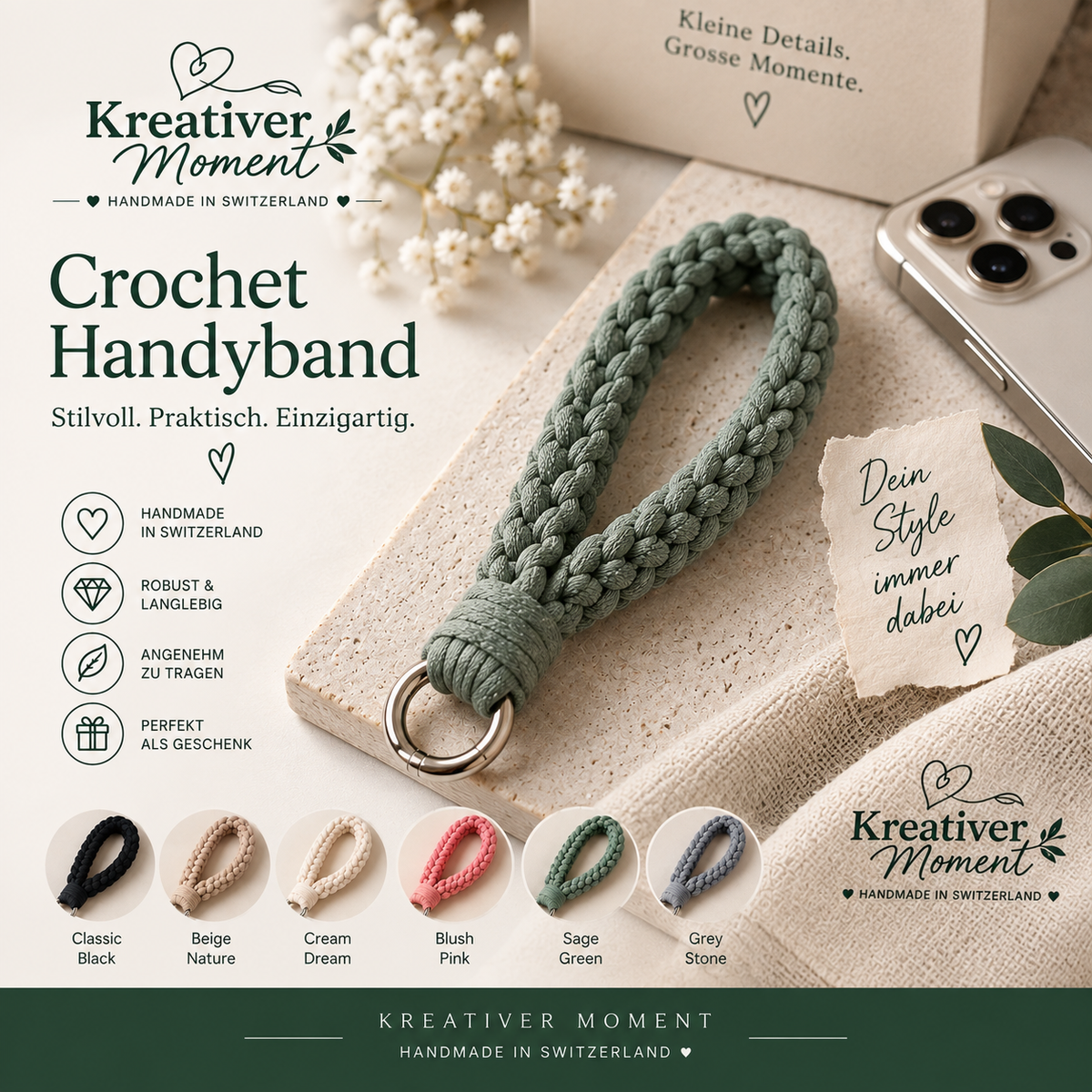 Handgemachtes Crochet Handyband – Handykette fürs Handgelenk | Kreativer Moment